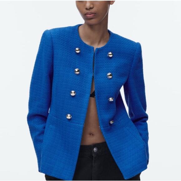 Zara Textured Blue Blazer Jacket Gold Buttons Hook Eye Closure Cotton Medium - Picture 3 of 16
